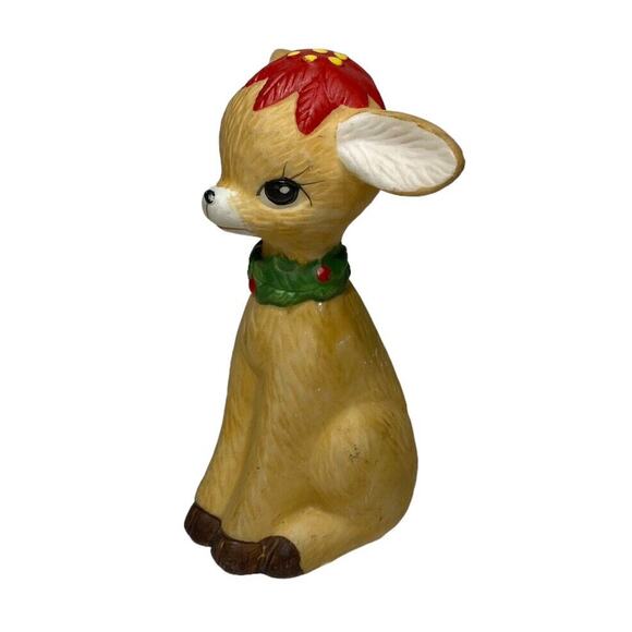 Vintage 1970s Bisque Reindeer figurine 3.5 in Christmas Decor Poinsettia - Picture 3 of 7